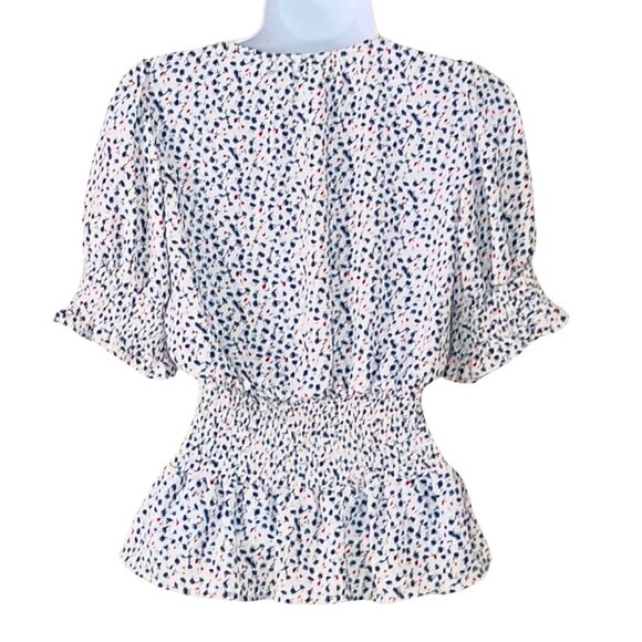 Womens Floral Smocked Peplum V-Neck Blouse Size XS Baby Doll Polka Dot Ruffle - Picture 3 of 4